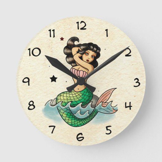 美しい古い学校の人魚 ラウンド壁時計 (正面)