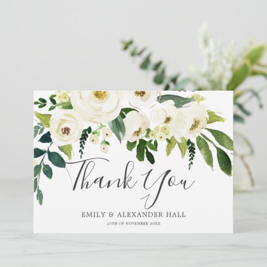 美しい咲く白いフローラエレガントな結婚式 サンキューカード (スタンド正面)