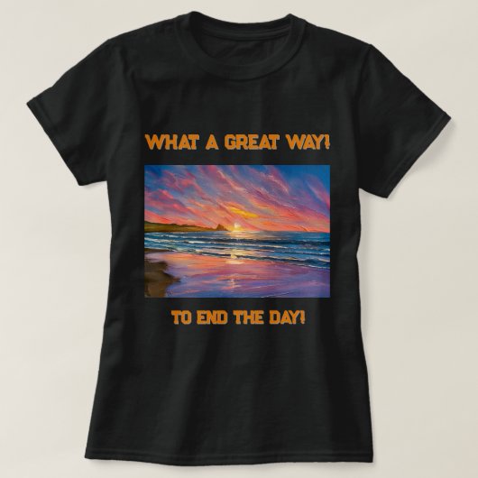美しい夕日のビーチの水色絵を描の Tシャツ (デザイン正面)