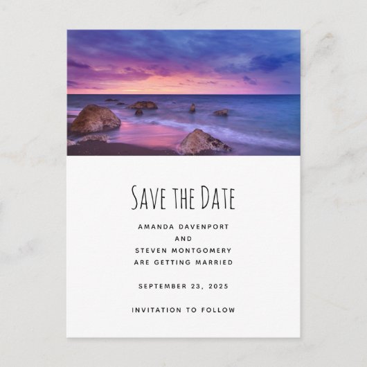 美しい夕日の海岸写真結婚の 案内ポストカード (正面)
