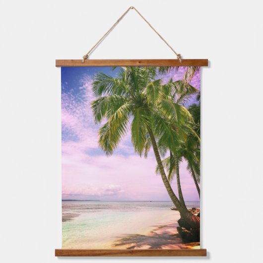 美しい夕日の海、砂のビーチ、ヤシの木 吊り下げ型タペストリー (正面)
