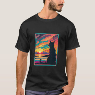 美しい夕日を見つめる猫 Tシャツ