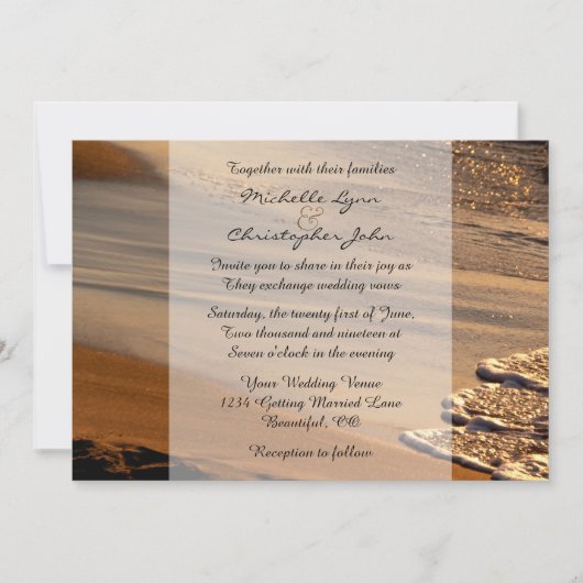 美しい夕日、サンディビーチ、サーフウェディング招待 招待状 (正面)
