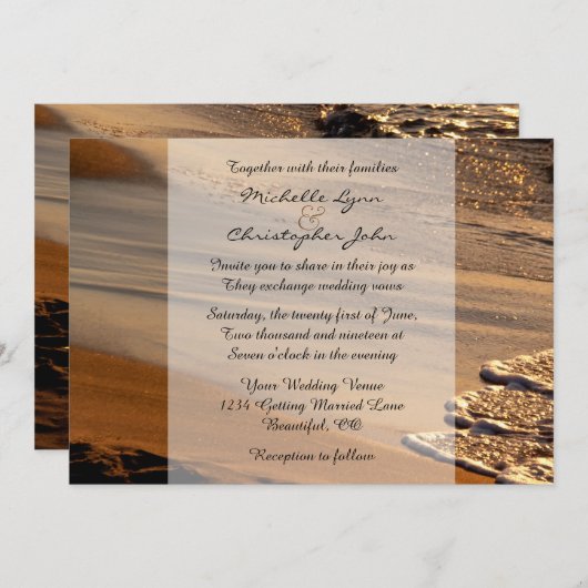 美しい夕日、サンディビーチ、サーフウェディング招待 招待状 (正面/裏面)