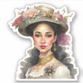 美しい多文化女性のビンテージ花柄ハット シール (正面)