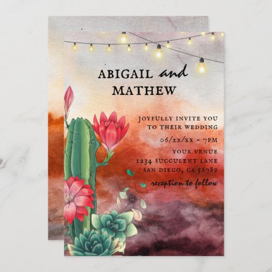 美しい多肉果のサボテンはオレンジ結婚色の 招待状 (正面/裏面)