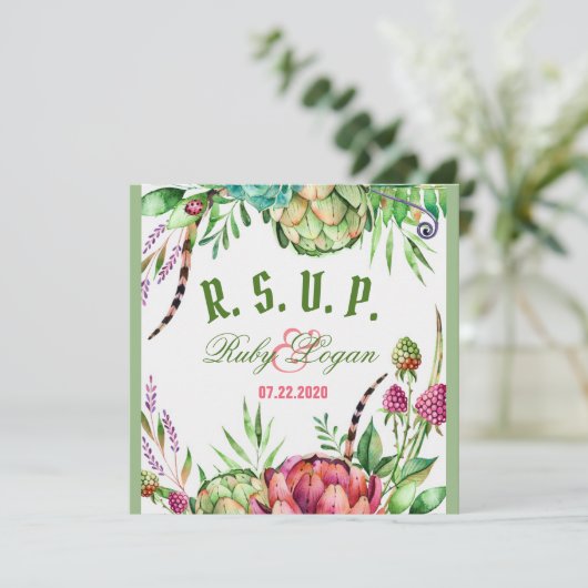 美しい多肉植物の結婚式出欠確認カード 招待状 (スタンド正面)