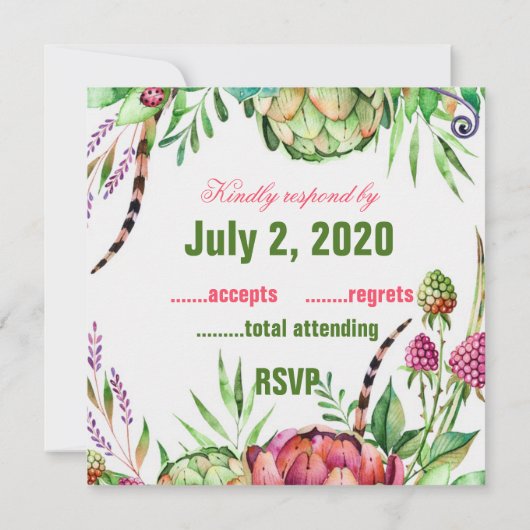 美しい多肉植物の結婚式出欠確認カード 招待状 (裏面)