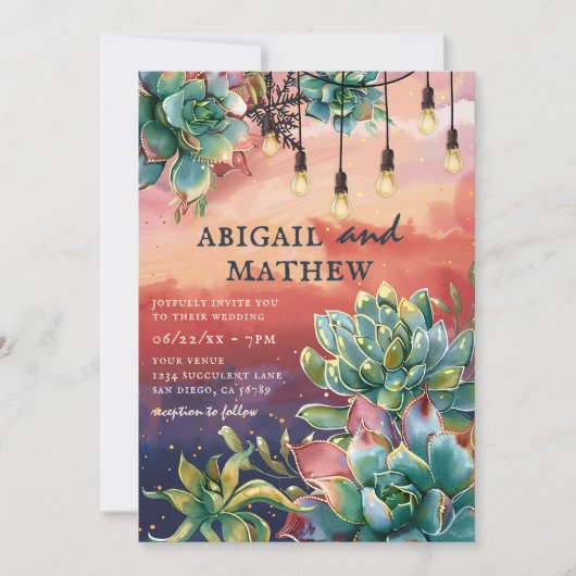 美しい多肉植物サボテンのサンセットソ結婚カル 招待状 (正面)