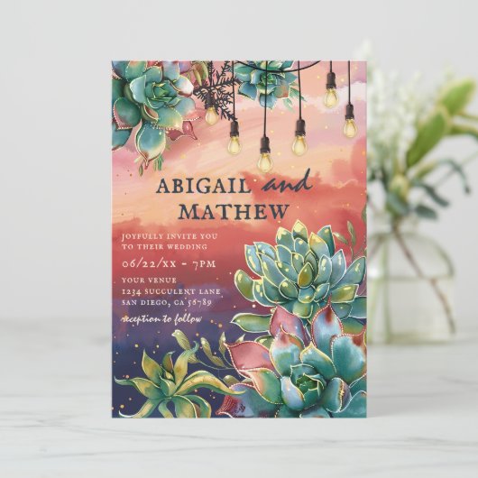 美しい多肉植物サボテンのサンセットソ結婚カル 招待状 (スタンド正面)