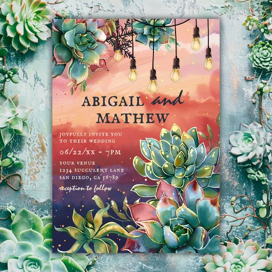 美しい多肉植物サボテンのサンセットソ結婚カル 招待状