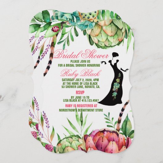 美しい多肉結婚ブライダルシャワーカード 招待状 (正面/裏面)