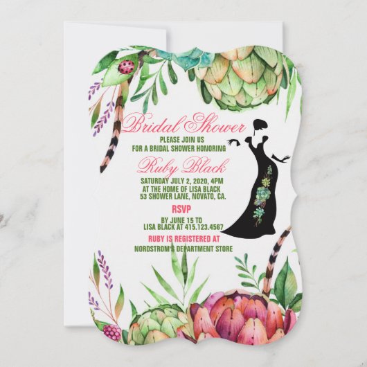 美しい多肉結婚ブライダルシャワーカード 招待状 (正面)