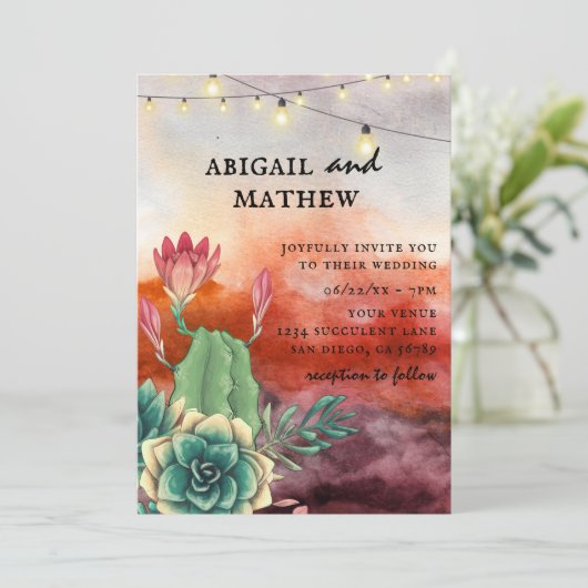 美しい多肉質の夕焼けオレンジ結婚色 招待状 (スタンド正面)