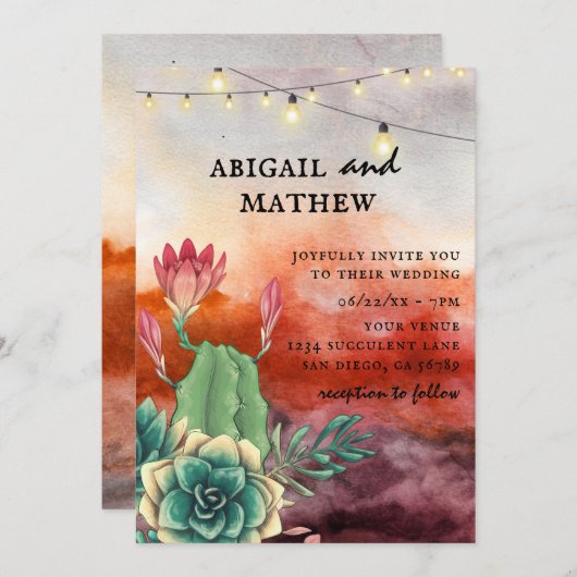 美しい多肉質の夕焼けオレンジ結婚色 招待状 (正面/裏面)