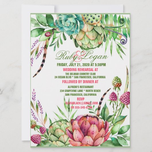 美しい多肉食結婚のリハーサルのディナーカード 招待状 (裏面)