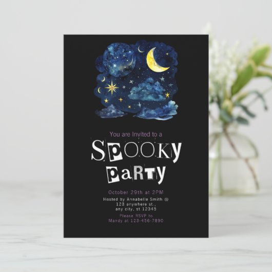 美しい夜の空の三日月の星ハロウィン 招待状 (スタンド正面)