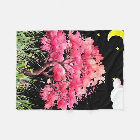 美しい夜景のさくらんぼの花 フリースブランケット (正面(横))