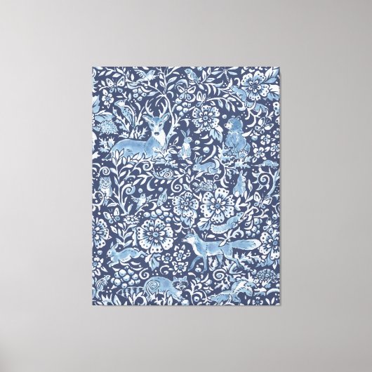 美しい大きな青の白い森の動物模様 キャンバスプリント (正面)