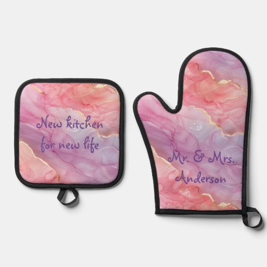 美しい大理石ピンクと紫のモダンおもしろい 鍋つかみ&鍋敷きセット (正面)