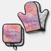 美しい大理石ピンクと紫のモダンおもしろい 鍋つかみ&鍋敷きセット (正面/裏面)