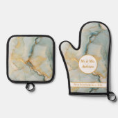 美しい大理石ブルーと金ゴールドモダンカップル 鍋つかみ&鍋敷きセット (正面)