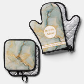美しい大理石ブルーと金ゴールドモダンカップル 鍋つかみ&鍋敷きセット (正面/裏面)