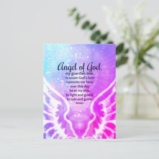 美しい天使の神の祈りの言葉ピンクの水色 ポストカード (スタンド正面)