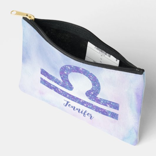 美しい天秤座の星占いのサインパーソナライズされたパープル アクセサリーポーチ (見開き)