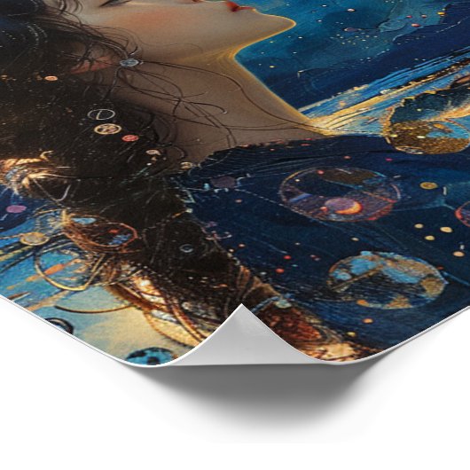 美しい女の子の夜の海混合メディア ポスター (角)