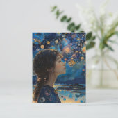 美しい女の子の夜の海混合メディア ポストカード (スタンド正面)