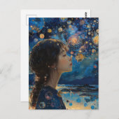 美しい女の子の夜の海混合メディア ポストカード (正面/裏面)
