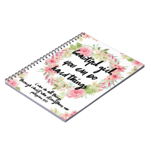 美しい女の子のPhilippiansの4:13のピンクのバラのノート ノートブック (左側)