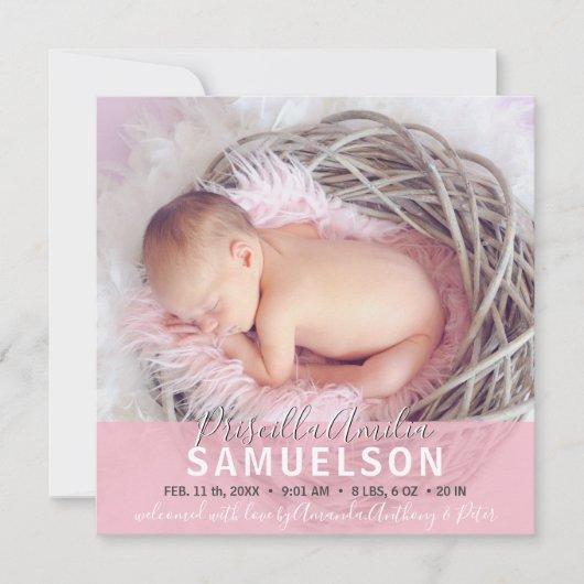 美しい女の赤ちゃんの誕生の発表のピンクの写真 案内状 (正面)