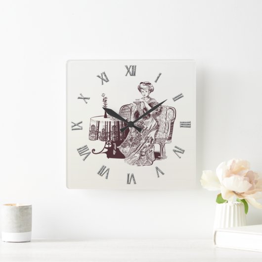 美しい女性がお茶を飲む スクエア壁時計 (ホーム)