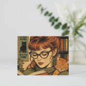 美しい女性と彼女の猫の読書 ポストカード (スタンド正面)