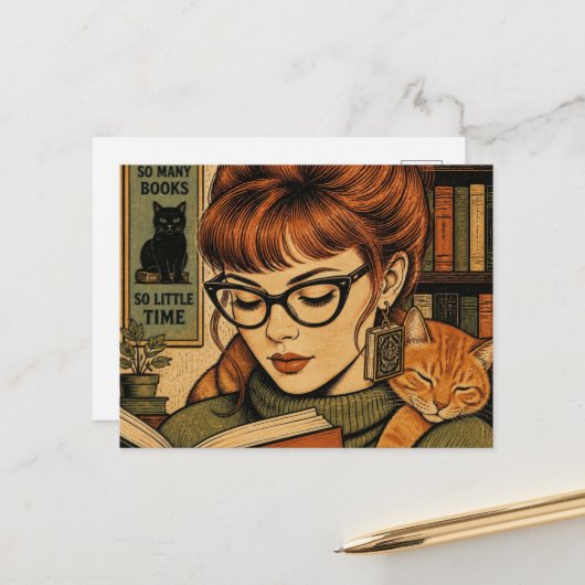 美しい女性と彼女の猫の読書 ポストカード (正面/裏面インサイチュ)
