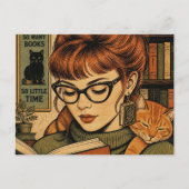 美しい女性と彼女の猫の読書 ポストカード (正面)