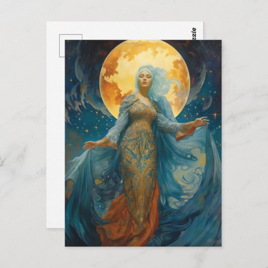 美しい女性と月のファンタジーアートハガキ ポストカード (正面/裏面)