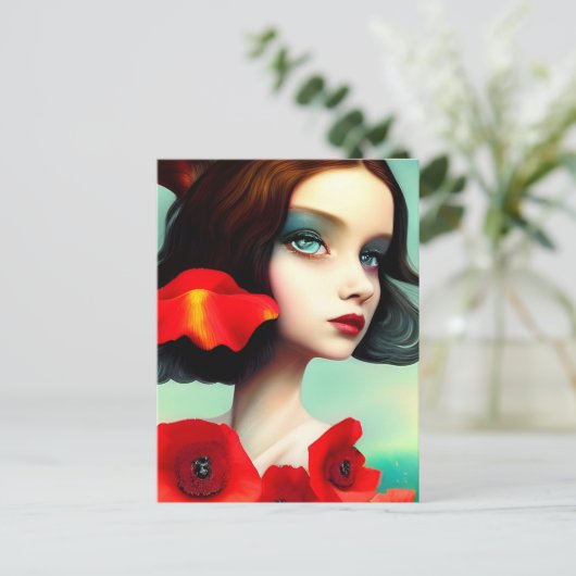 美しい女性と赤いポピーの花はがき ポストカード (スタンド正面)