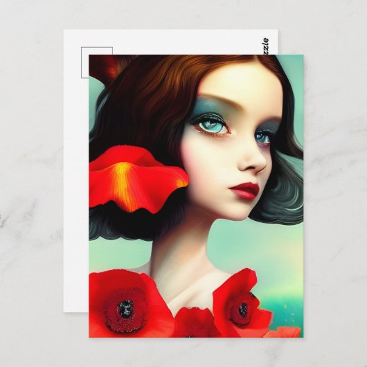 美しい女性と赤いポピーの花はがき ポストカード (正面/裏面)