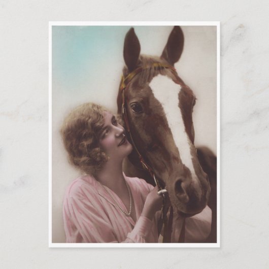 美しい女性と馬のヴィンテージ1920sグラマー ポストカード (正面)