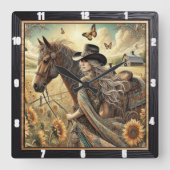 美しい女性のカーボーイと馬の日に照らされた田舎 スクエア壁時計 (正面)