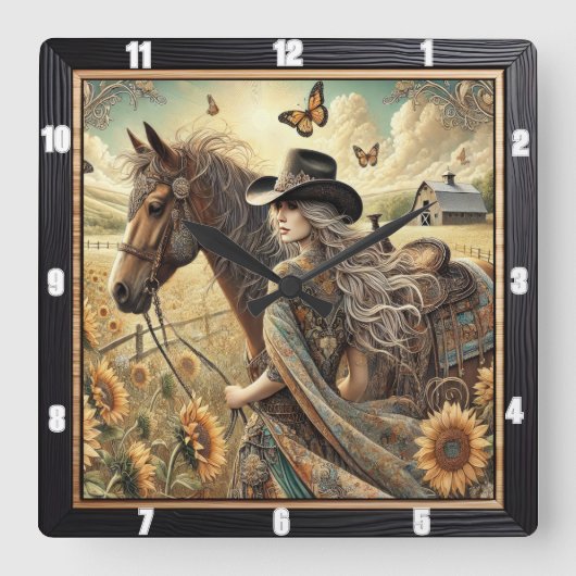 美しい女性のカーボーイと馬の日に照らされた田舎 スクエア壁時計 (正面)