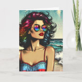 美しい女性のビーチのポップアート誕生日 カード (正面)