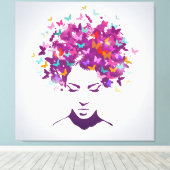 美しい女性のポートレートと蝶の髪 キャンバスプリント (インサイチュ (ウッドフロア))