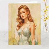 美しい女性の肖像 カード (黄色い花)