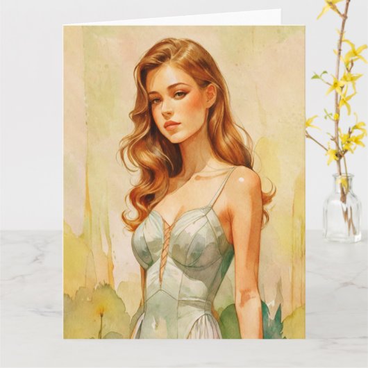 美しい女性の肖像 カード (黄色い花)