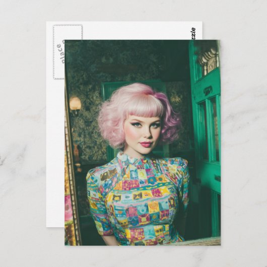 美しい女性ピンクの髪の鏡 ポストカード (正面/裏面)