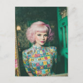 美しい女性ピンクの髪の鏡 ポストカード (正面)